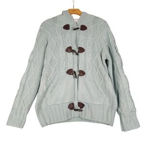 Cache Light Blue Cable Knit Sherpa Lined Hooded Duffle Cardigan Sweater Womens M